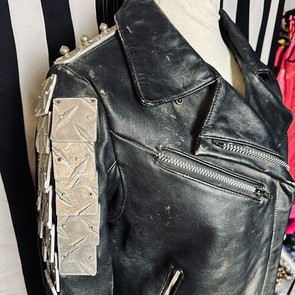 Vintage Custom Made Punk Heavy Metal Diamond Steel Plate Studded Leather Jacket - Picture 4 of 14